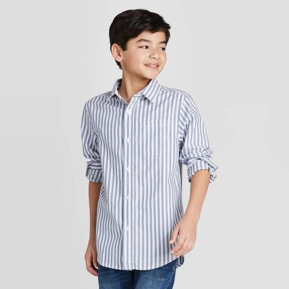 𝅺nwt Boys' Cat & Jack Button Front Shirt Stripe - Picture 1 of 5
